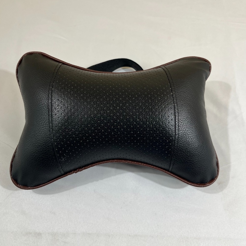 Black Leather Car Neck Pillow Headrest Support Cushion Bone Shape Brown Trim 10"